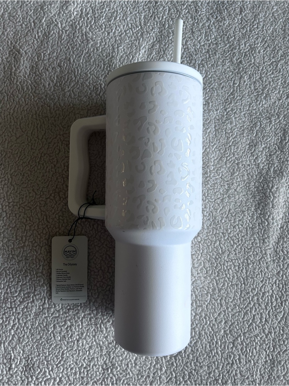 White Leopard-Embossed Travel Tumbler with Handle & Straw